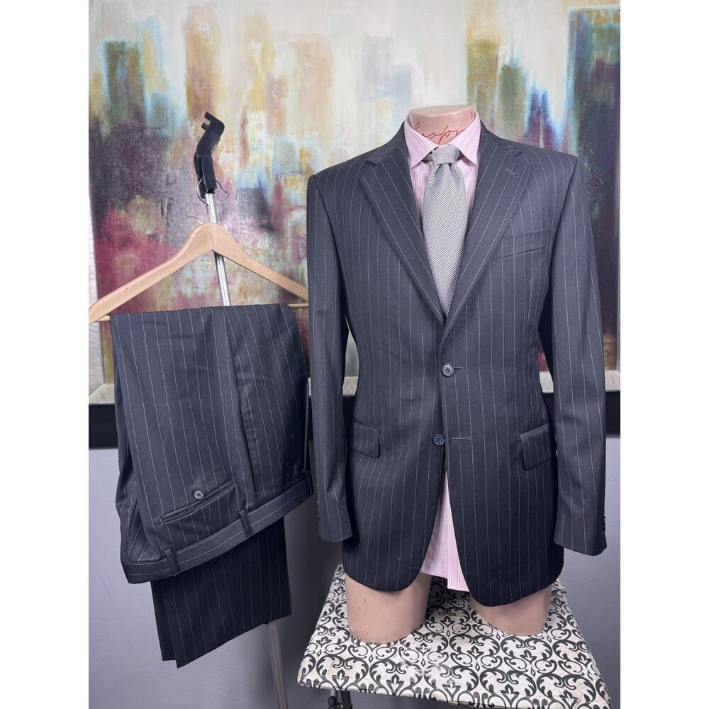 Joseph Abboud Mens Slim Fit 42L Charcoal Gray Striped 2 Piece Suit Pants 34/30